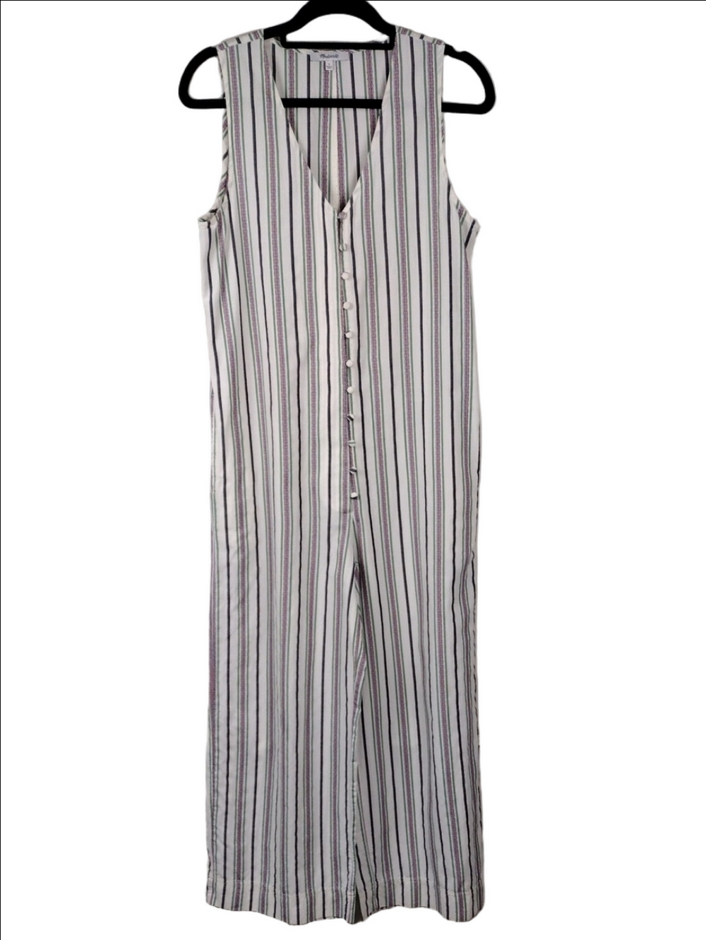 Madewell White Multicolored Striped V-Neck Button Front Sleeveless Jumpsuit Pant